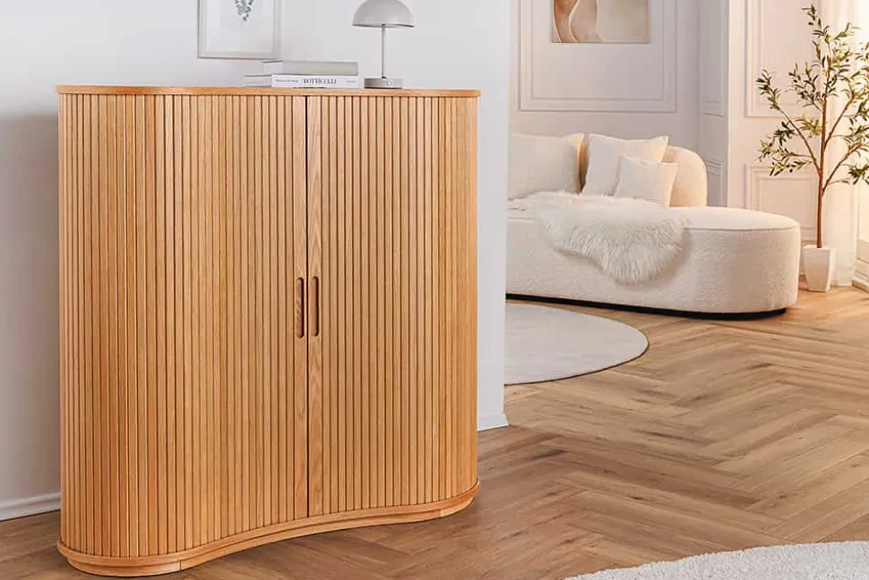 Retro Highboard VALHALLA WOOD 110cm natur Eichenholz mit Schiebetüren