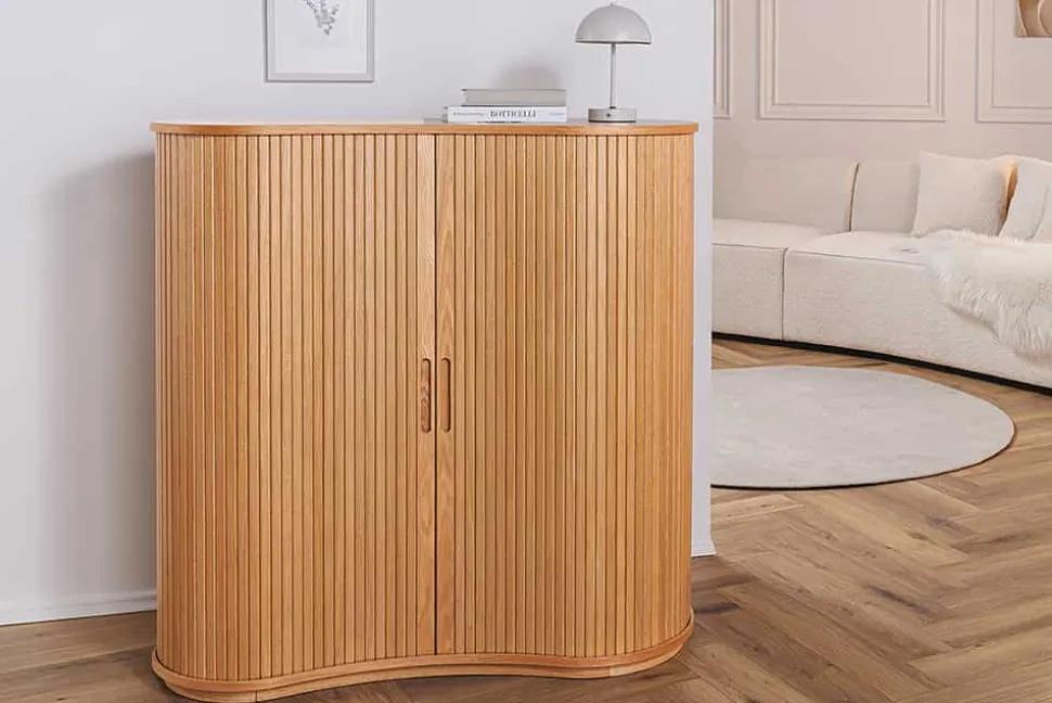 Retro Highboard VALHALLA WOOD 110cm natur Eichenholz mit Schiebetüren