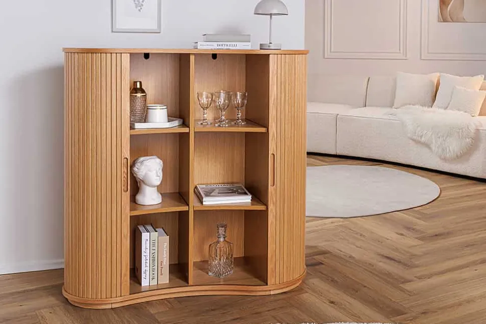 Retro Highboard VALHALLA WOOD 110cm natur Eichenholz mit Schiebetüren