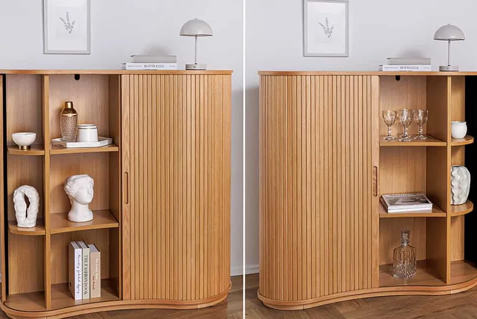 Retro Highboard VALHALLA WOOD 110cm natur Eichenholz mit Schiebetüren