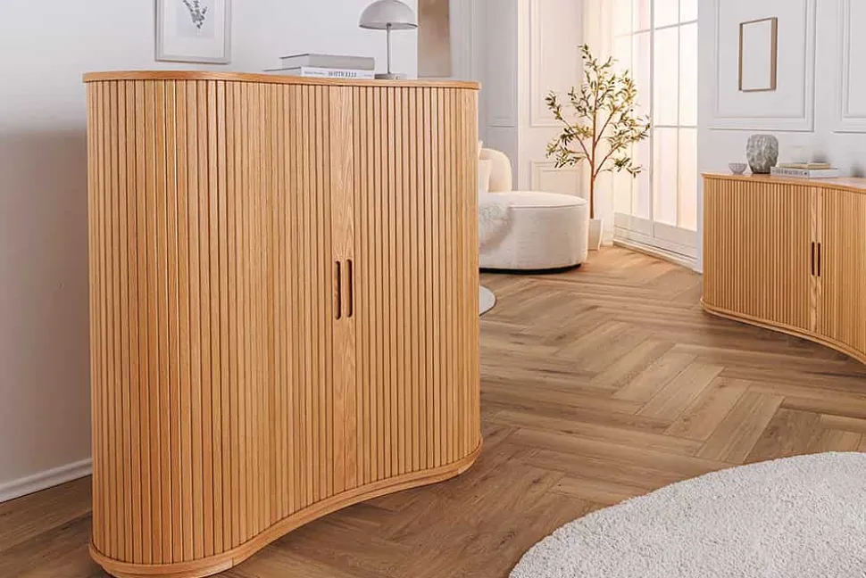 Retro Highboard VALHALLA WOOD 110cm natur Eichenholz mit Schiebetüren