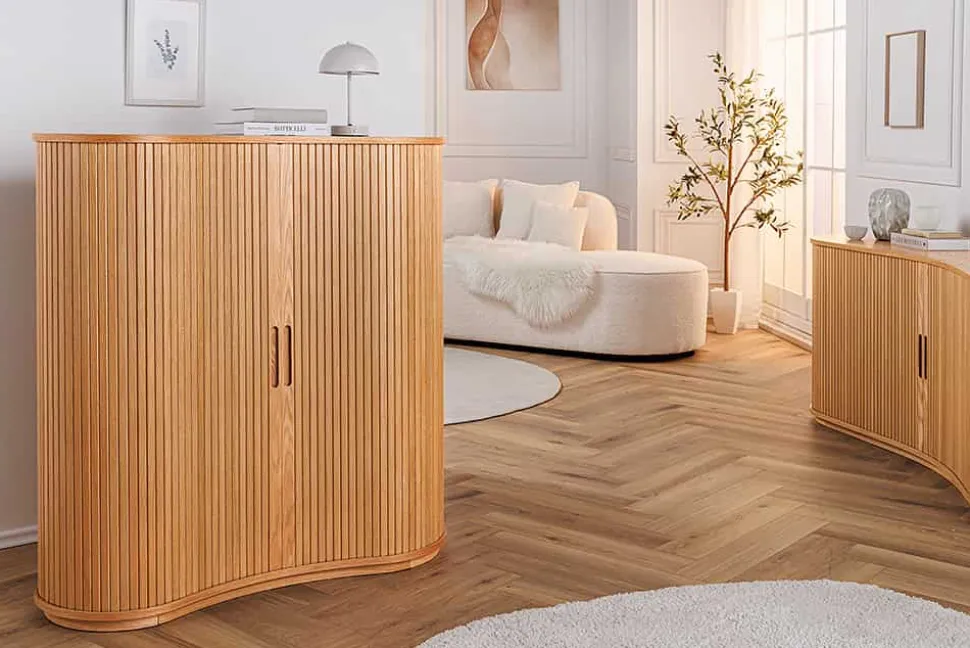 Retro Highboard VALHALLA WOOD 110cm natur Eichenholz mit Schiebetüren