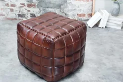 Retro Hocker RIDER 40cm braun Echtleder mit Ziersteppung