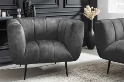 Retro Sessel NOBLESSE 105cm grau Samt schwarze Metallfüße Federkern Ziersteppung