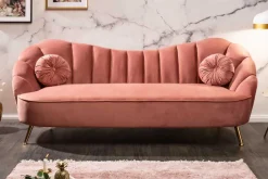 Retro 3-Sitzer Sofa ARIELLE 220cm altrosa Samt goldene Metallfüße Ziersteppung