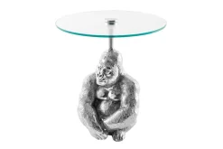 Runder Beistelltisch KONG 50cm silber Metall Glas Affenfigur Gorilla Skulptur