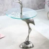 Runder Beistelltisch WILDLIFE HERON 90cm silber Metall Glas Fischreiher Skulptur handmade