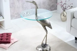 Runder Beistelltisch WILDLIFE HERON 90cm silber Metall Glas Fischreiher Skulptur handmade