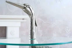 Runder Beistelltisch WILDLIFE HERON 90cm silber Metall Glas Fischreiher Skulptur handmade