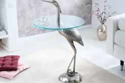 Runder Beistelltisch WILDLIFE HERON 90cm silber Metall Glas Fischreiher Skulptur handmade