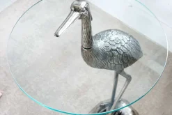 Runder Beistelltisch WILDLIFE HERON 90cm silber Metall Glas Fischreiher Skulptur handmade