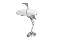 Runder Beistelltisch WILDLIFE HERON 90cm silber Metall Glas Fischreiher Skulptur handmade