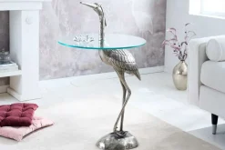 Runder Beistelltisch WILDLIFE HERON 90cm silber Metall Glas Fischreiher Skulptur handmade
