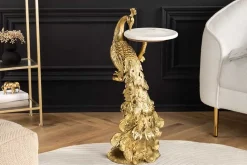 Runder Beistelltisch WILDLIFE PEACOCK 75cm gold antik weiß Metall Marmor Pfauen-Skulptur