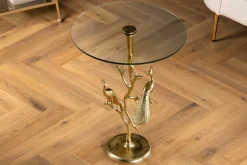 Runder Beistelltisch WILDLIFE PEACOCK 60cm gold Glasplatte Metall Pfauen-Skulptur