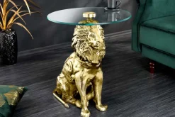 Runder Beistelltisch WILDLIFE LION 60cm gold antik Metall Glas Löwen Skulptur