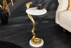 Runder Beistelltisch WILDLIFE COBRA 65cm gold weiß Marmor Schlangen-Skulptur handmade
