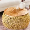 Runder Couchtisch ABSTRACT LEAF 75cm gold Metall massiv Akazienholz filigrane Handarbeit
