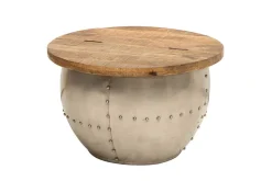 Runder Couchtisch DRUMP STORAGE 70cm natur silber Mangoholz mit Stauraum handmade Industrial