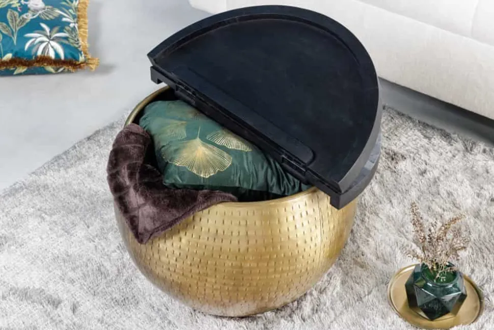 Runder Couchtisch DRUMP STORAGE 60cm gold schwarz Mangoholz Metall mit Stauraum Hammerschlag