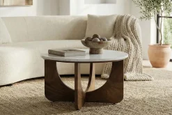 Runder Couchtisch ENSO 60cm weiß Marmor braun massiv Mangoholz