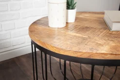 Runder Couchtisch FACTORY LOFT 60cm natur Mangoholz schwarzes Metallgestell handmade massiv