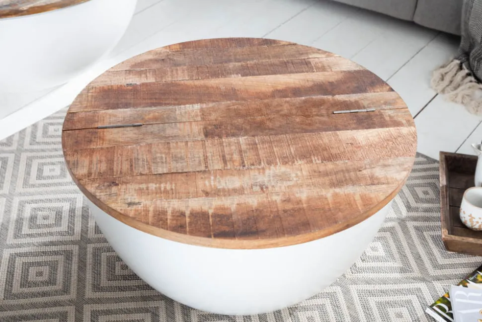 Runder Couchtisch INDUSTRIAL STORAGE 60cm weiß natur Mangoholz mit Stauraum handmade