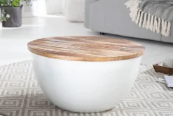 Runder Couchtisch INDUSTRIAL STORAGE 60cm weiß natur Mangoholz mit Stauraum handmade