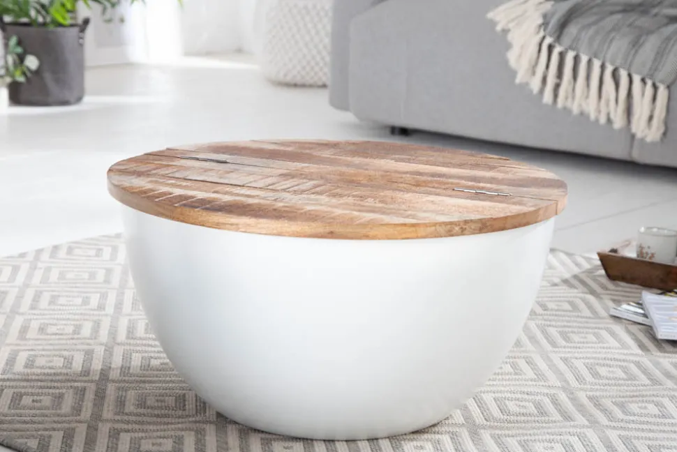 Runder Couchtisch INDUSTRIAL STORAGE 60cm weiß natur Mangoholz mit Stauraum handmade