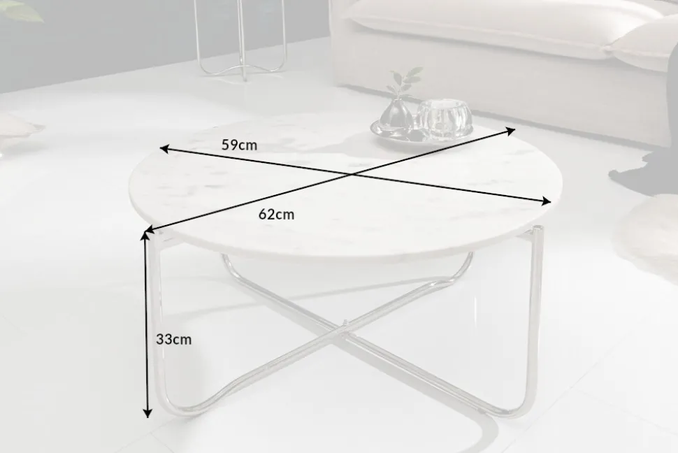 Runder Couchtisch NOBLE 65cm weiß Marmor abnehmbare Tischplatte klappbar silber Metall