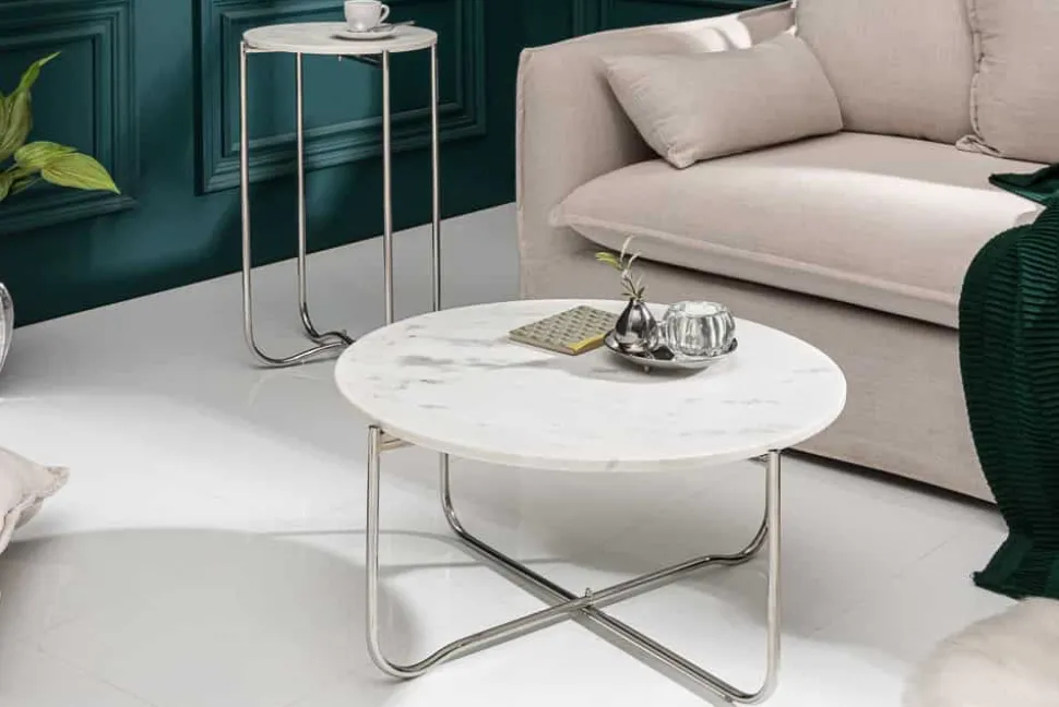 Runder Couchtisch NOBLE 65cm weiß Marmor abnehmbare Tischplatte klappbar silber Metall