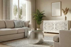 Runder Couchtisch ORIENT 60cm silber Metall Aluminium Hammerschlag Design handmade
