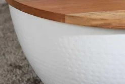 Runder Couchtisch ORIENT STORAGE 60cm weiß Akazienholz mit Stauraum Hammerschlag handmade