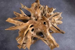 Runder Couchtisch ROOT 100cm natur Teak Massivholz aus Wurzelholz mit Glasplatte