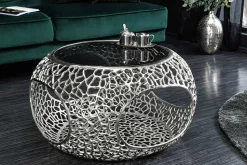 Runder Couchtisch SPIN 75cm silber Schwarzglas Metall mit Stauraum handmade