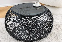 Runder Couchtisch SPIN 75cm schwarz Schwarzglas Metall mit Stauraum handmade