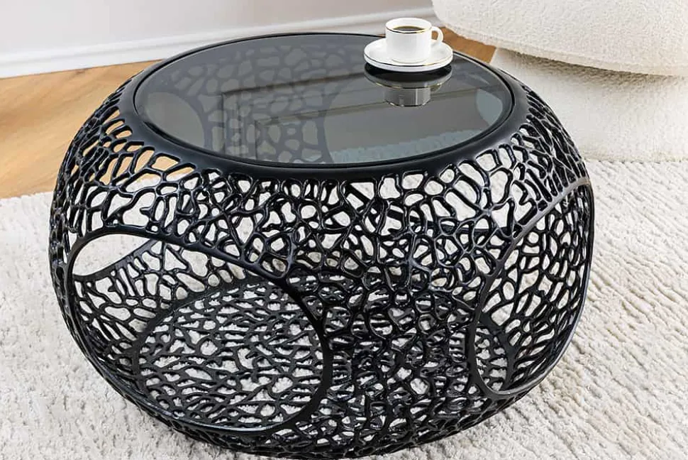 Runder Couchtisch SPIN 75cm schwarz Schwarzglas Metall mit Stauraum handmade
