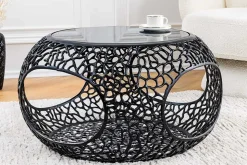 Runder Couchtisch SPIN 75cm schwarz Schwarzglas Metall mit Stauraum handmade