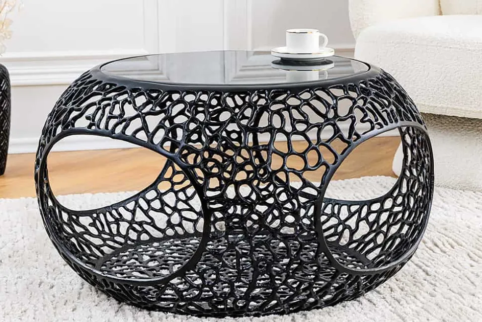 Runder Couchtisch SPIN 75cm schwarz Schwarzglas Metall mit Stauraum handmade