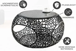 Runder Couchtisch SPIN 75cm schwarz Schwarzglas Metall mit Stauraum handmade