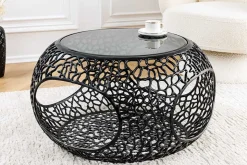 Runder Couchtisch SPIN 75cm schwarz Schwarzglas Metall mit Stauraum handmade