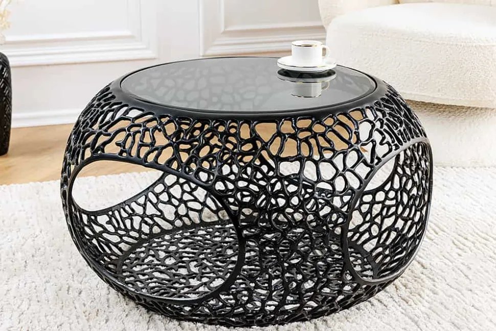 Runder Couchtisch SPIN 75cm schwarz Schwarzglas Metall mit Stauraum handmade