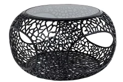 Runder Couchtisch SPIN 75cm schwarz Schwarzglas Metall mit Stauraum handmade