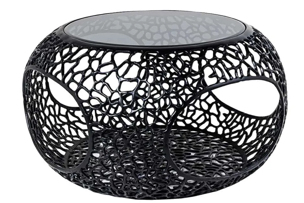 Runder Couchtisch SPIN 75cm schwarz Schwarzglas Metall mit Stauraum handmade