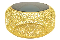 Runder Couchtisch SPIN 75cm gold Schwarzglas Metall mit Stauraum handmade