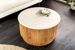 Runder Couchtisch TRES CHIC 60cm weiß Marmor natur Mangoholz mit Stauraum