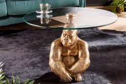 Runder Couchtisch WILDLIFE KONG 60cm gold Metall Glas Affenfigur Gorilla Skulptur handmade