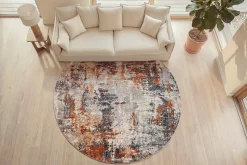 Runder Design Teppich MODERN ART 150cm beige grau kupfer Kurzflor Indoor