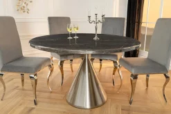 Runder Esstisch ELEGANCIA 130cm schwarz Marmor chrom Stahl mit Säulenfuß