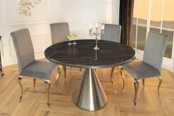 Runder Esstisch ELEGANCIA 130cm schwarz Marmor chrom Stahl mit Säulenfuß